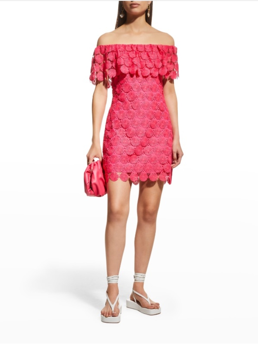 Trina Turk Pink Crochet Mini Dress Off Shoulder Floral Coquette XL